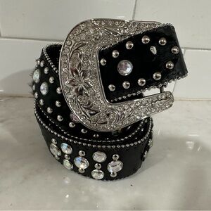 Black Studded Western Rhinestone Belt with Silver Buckle